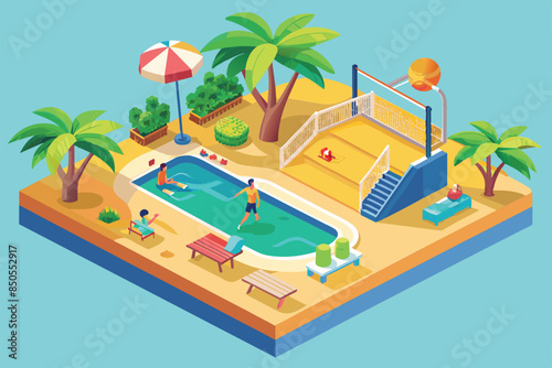 Colorful isometric illustration of a beachside resort featuring a swimming pool, volleyball court, and palm trees, Beach volleyball Customizable Isometric Illustration