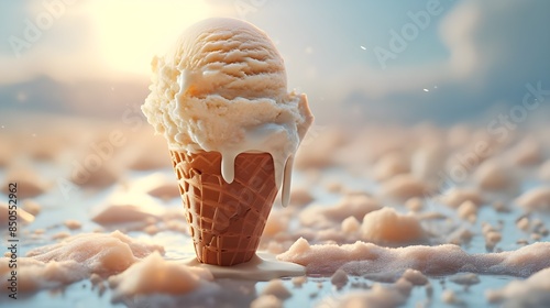 A photorealistic image of a vanilla ice cream cone starting to melt under the summer sun. The ice cream is dripping down the cone