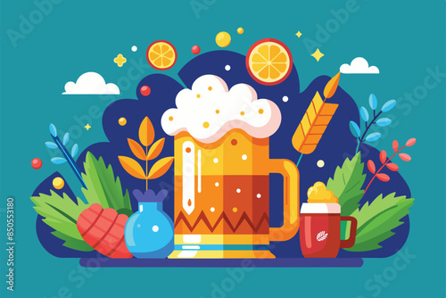 A cheerful illustration depicting a mug of beer with a foamy head, surrounded by floral decorations and wheat, Beer celebration Customizable Semi Flat Illustration