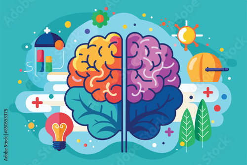 A flat illustration of a colorful human brain, symbolizing bipolar disorder, with various abstract elements surrounding it, Bipolar disorder Customizable Flat Illustration