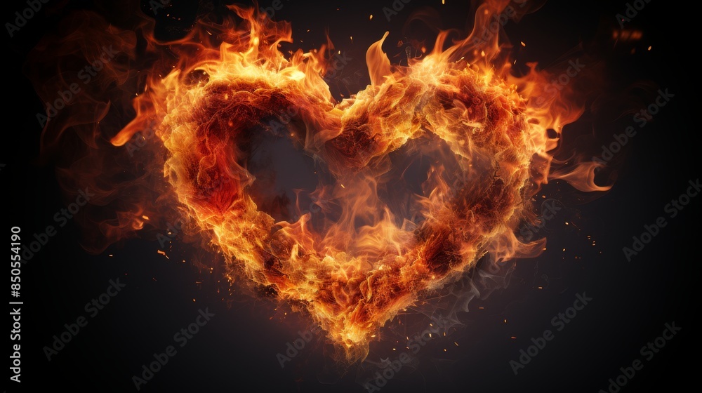 Fototapeta premium Burning heart shape in the fire isolated on dark background