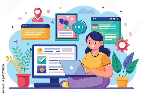 A woman smiles while browsing a website on her laptop computer in front of a desktop computer, Browsing online Customizable Semi Flat Illustration