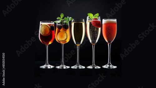 image five glasses with wine, beer, champagne, capirinha and juice, overlay composition, many types of glasses, black background