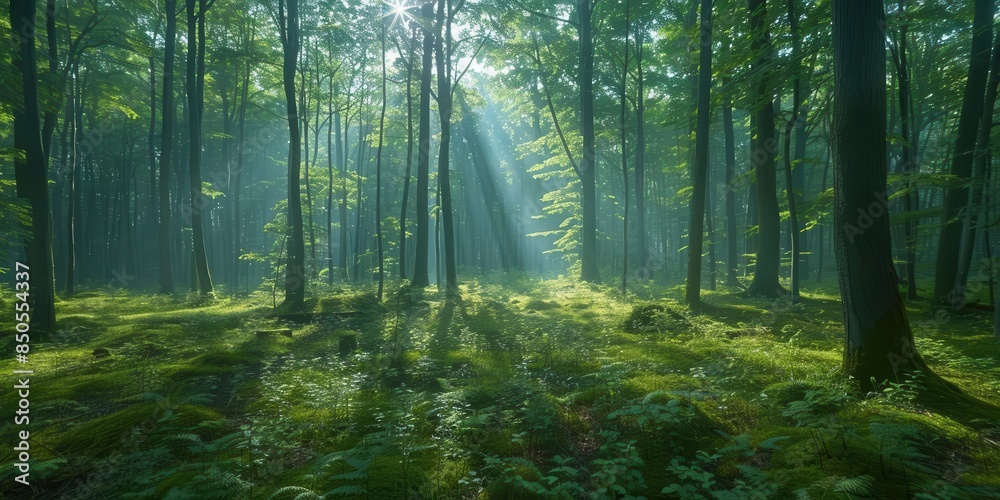Naklejka premium Dense forest with tall trees and dappled sunlight, creating a serene atmosphere