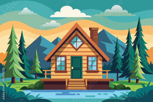 A flat illustration depicting a customizable cabin nestled in a forest setting with mountains in the background, Cabin Customizable Flat Illustration