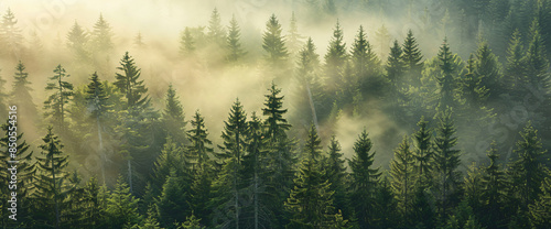 Misty forest landscape with pine trees and fog in the air, panoramic view


