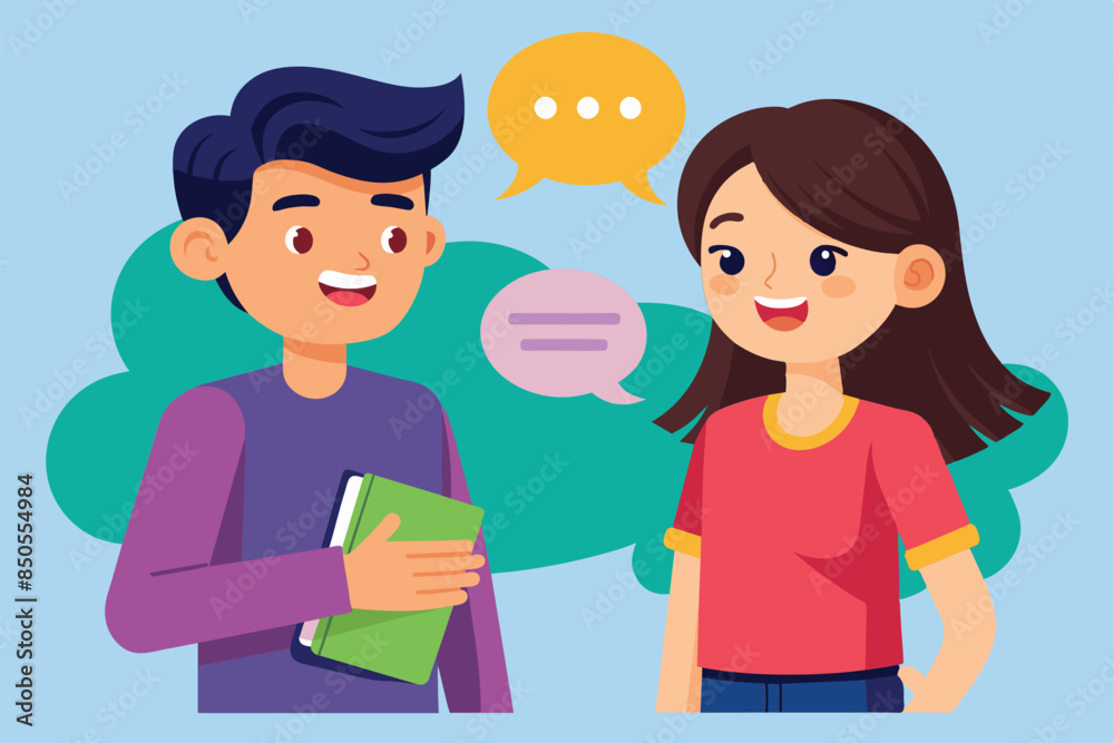 A smiling cartoon boy holds a book while talking to a happy cartoon girl, Chatting Customizable Cartoon Illustration
