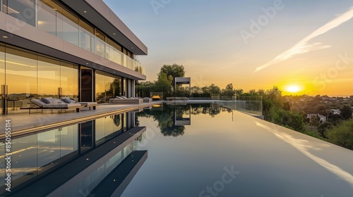  A luxurious contemporary mansion with a sleek glass facade, overlooking a tranquil infinity pool at sunset.