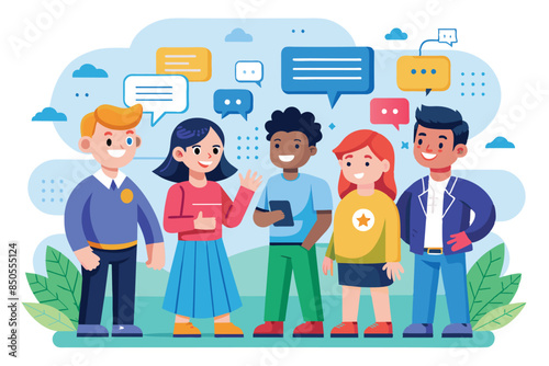 Four diverse children happily chat in a cartoon with colorful speech bubbles, blue sky, and green grass, Chatting Customizable Disproportionate Illustration