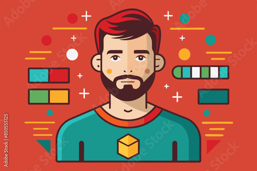 Flat design illustration of a redhead man in a turquoise tee with yellow box, surrounded by geometric shapes, Challenge Customizable Disproportionate Illustration