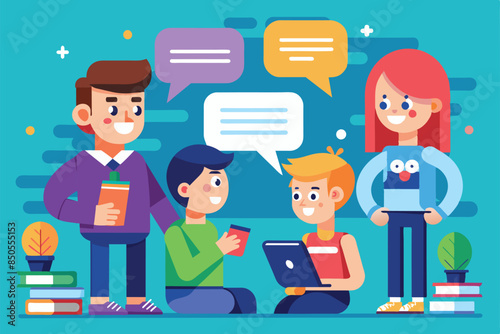 A cheerful illustration depicts four friends engaged in conversation, with one using a laptop and another holding a beverage, Chatting Customizable Flat Illustration