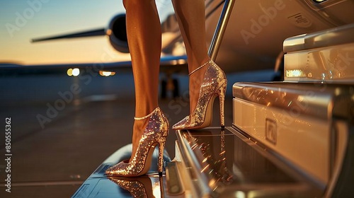 Person stepping onto a private jet with high heels photo