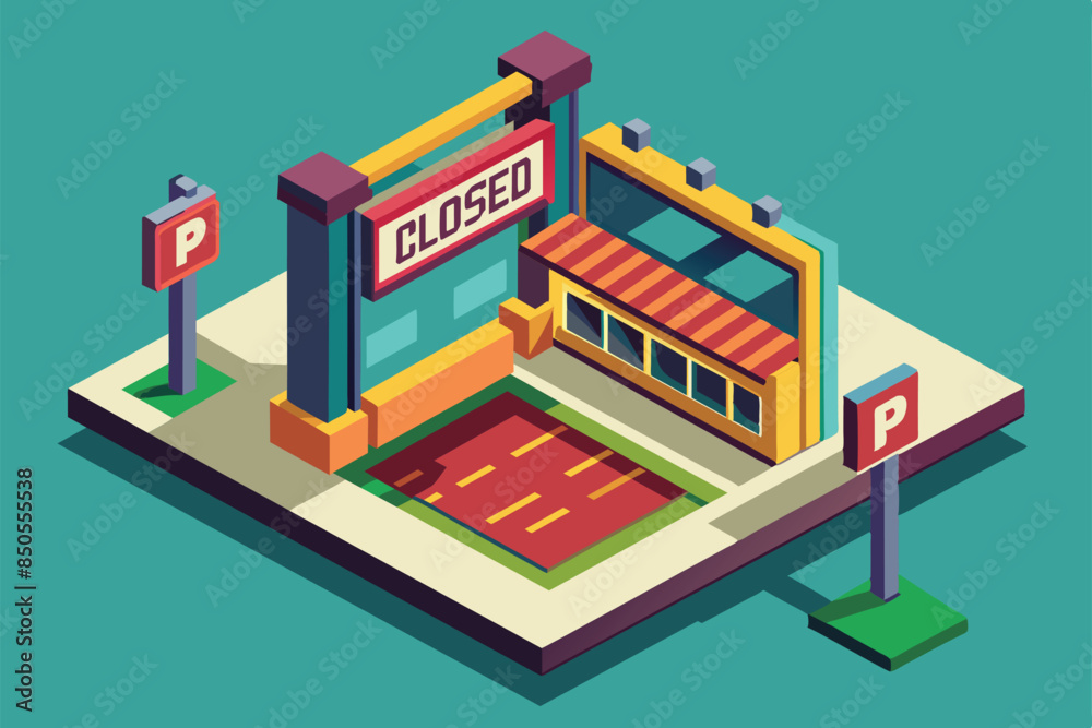Isometric illustration of a closed store with a sign that says Closed and a small parking lot, Closed sign Customizable Isometric Illustration Isometric illustration of a closed store with a sign that says Closed and a small parking lot, Closed sign Customizable Isometric Illustration