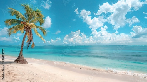 tropical paradise with this enchanting image of a palm tree standing tall on a pristine island beach
