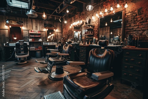 Barbershop interior with copy space. Barbershop interior with barbershop armchair. Vintage barbershop interior with classic chairs. Retro style barbershop interior with traditional armchair.