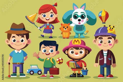 A collection of cartoon children with various accessories, toys, and expressions, Collecting Customizable Cartoon Illustration