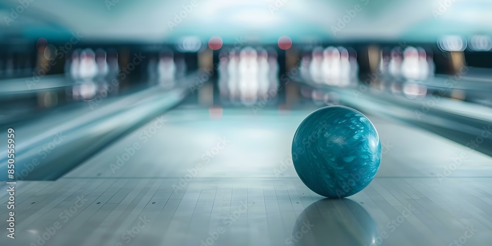 Fototapeta premium Bowling ball strikes pins at alley during competition. Concept Bowling, Strikes, Competition, Alley, Pins