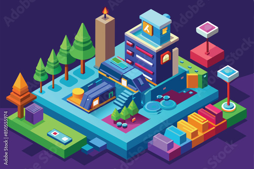 A colorful and detailed isometric illustration featuring a modern city with buildings, trees, and streetlights, Confirmed Customizable Isometric Illustration