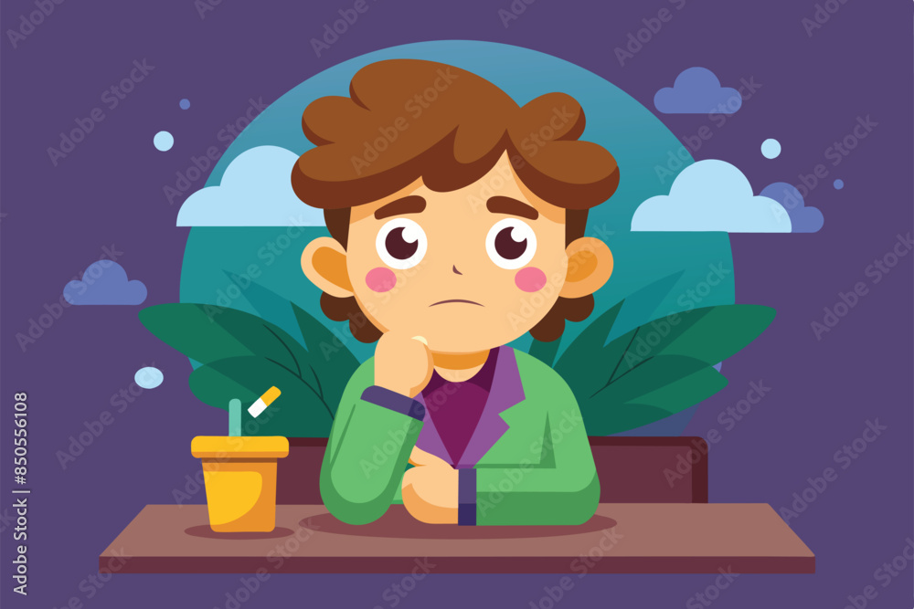 A cartoon illustration of a boy sitting at a table, thoughtfully looking down, with clouds and plants in the background, Contemplating Customizable Cartoon Illustration A cartoon illustration of a boy sitting at a table, thoughtfully looking down, with clouds and plants in the background, Contemplating Customizable Cartoon Illustration