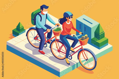 A couple rides a tandem bicycle on a sunny day in the city, Couple bicycle Customizable Isometric Illustration