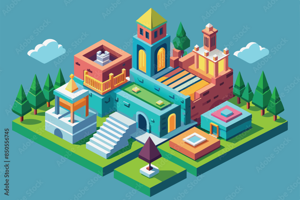 An isometric illustration of a small town with buildings, trees, and clouds, Creation Customizable Isometric Illustration