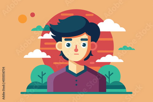 A simple illustration of a man with black hair and a purple shirt, standing in front of a sunset with clouds and small trees, Creation Customizable Semi Flat Illustration