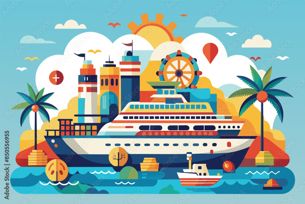 Illustration of a cruise ship in a tropical city with a Ferris wheel and palm trees, Cruise Customizable Disproportionate Illustration Illustration of a cruise ship in a tropical city with a Ferris wheel and palm trees, Cruise Customizable Disproportionate Illustration