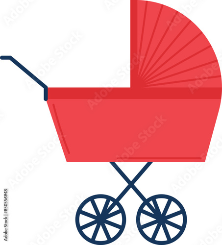 Red baby stroller graphic isolated white background. Modern pram design, simple flat style illustration. Baby carriage vector parenting, infant transport