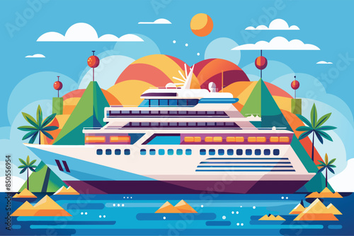 A vibrant illustration featuring a large cruise ship sailing past colorful islands with palm trees, Cruise Customizable Disproportionate Illustration