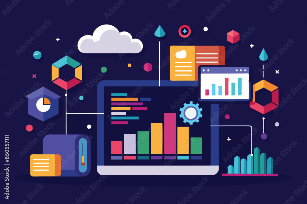 Naklejka premium Colorful illustration of an analytics dashboard with data visualizations, Dark analytics Customizable Disproportionate Illustration