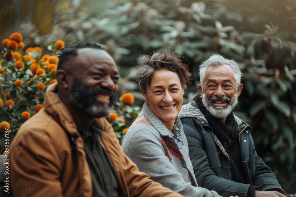 Group of senior friends sitting on a bench in the park and smiling Group of senior friends sitting on a bench in the park and smiling