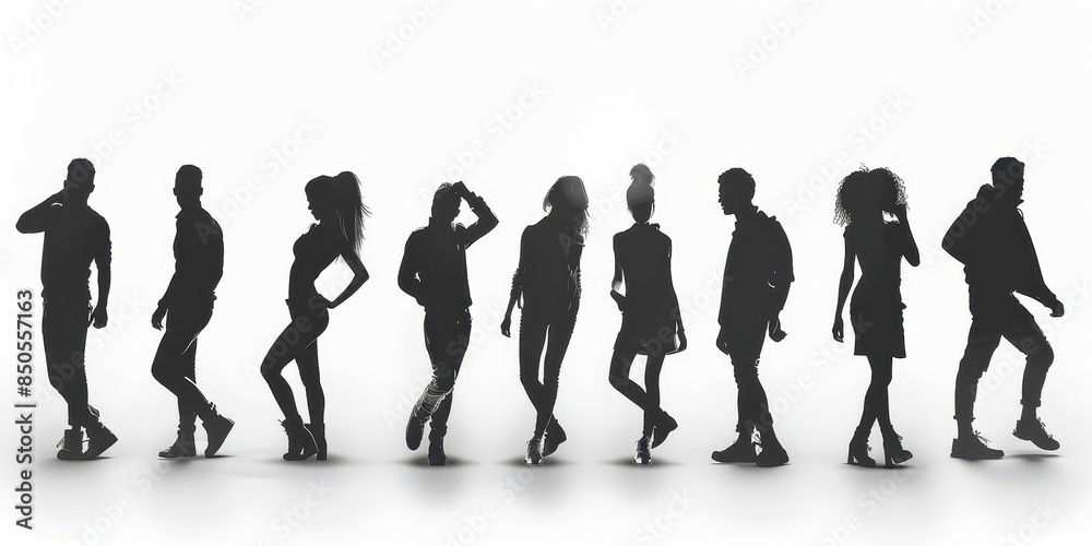 Obraz premium Silhouettes of people in various poses, creating dramatic and artistic visuals