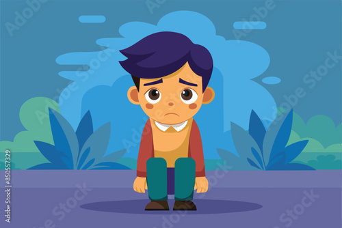 A cartoon illustration of a boy sitting alone in a park, with a sad expression, Depression Customizable Cartoon Illustration