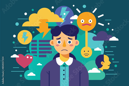 Illustration shows person battling depression amid symbols of obstacles and negativity, Depression Customizable Disproportionate Illustration