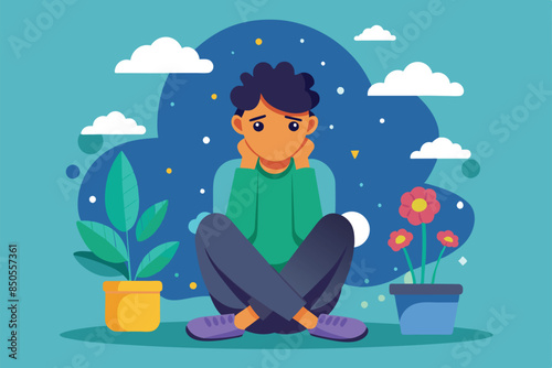 Man sadly sitting among clouds, plants, and flowers in flat illustration, Depression Customizable Flat Illustration