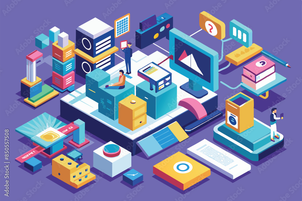 Isometric illustration depicting a design process with collaborative team members working on a project, Design process Customizable Isometric Illustration Isometric illustration depicting a design process with collaborative team members working on a project, Design process Customizable Isometric Illustration