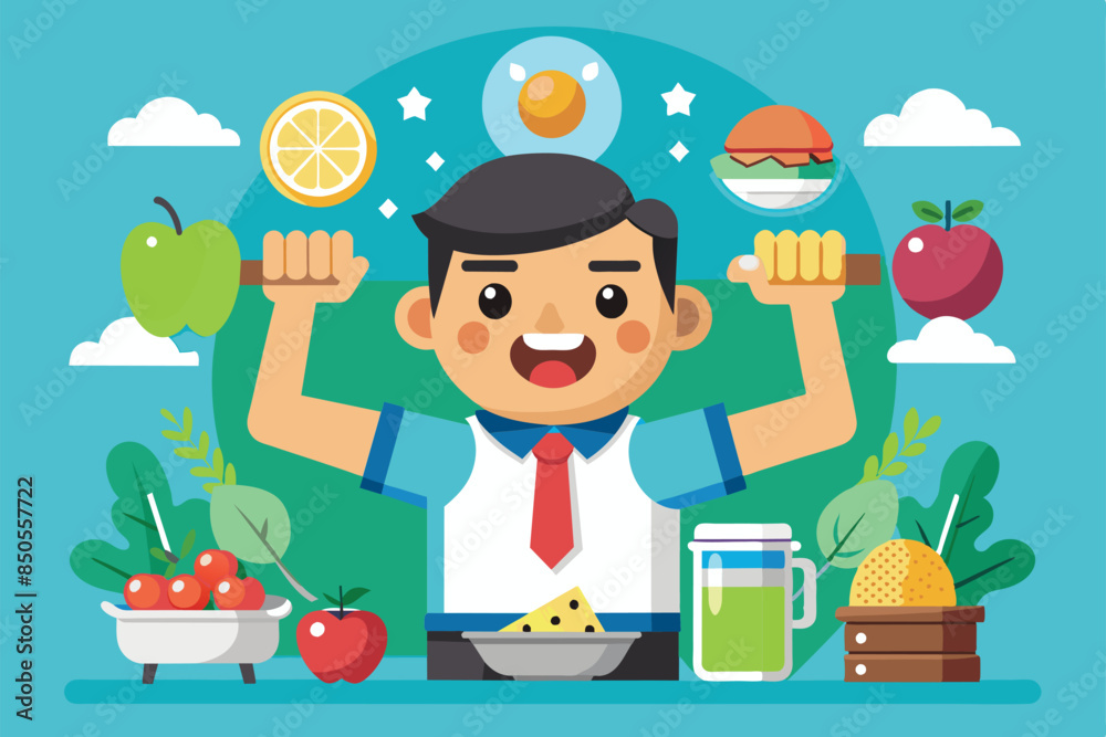 A cartoon illustration of a happy boy with various food options surrounding him, Diet Customizable Cartoon Illustration A cartoon illustration of a happy boy with various food options surrounding him, Diet Customizable Cartoon Illustration