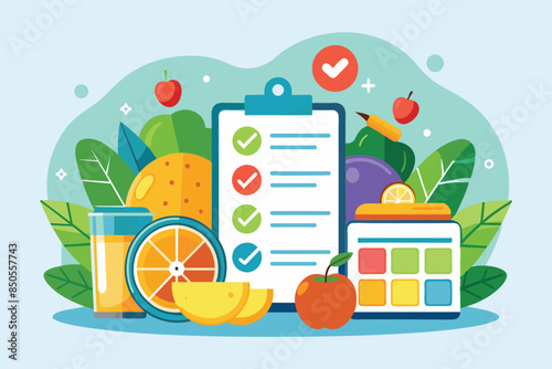 A flat illustration showing a customizable diet plan with a checklist and a meal planner, Diet Customizable Flat Illustration