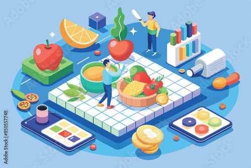An isometric illustration depicting a customizable diet plan with a man selecting food options on a mobile app, Diet Customizable Isometric Illustration