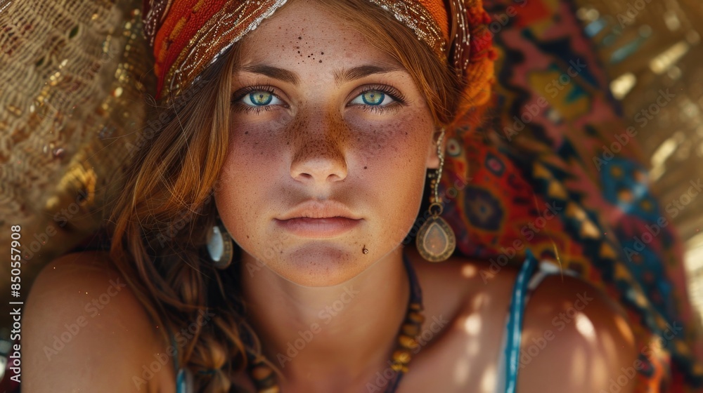 Portrait of a woman wearing a headscarf and having freckles, suitable for editorial or personal use Portrait of a woman wearing a headscarf and having freckles, suitable for editorial or personal use