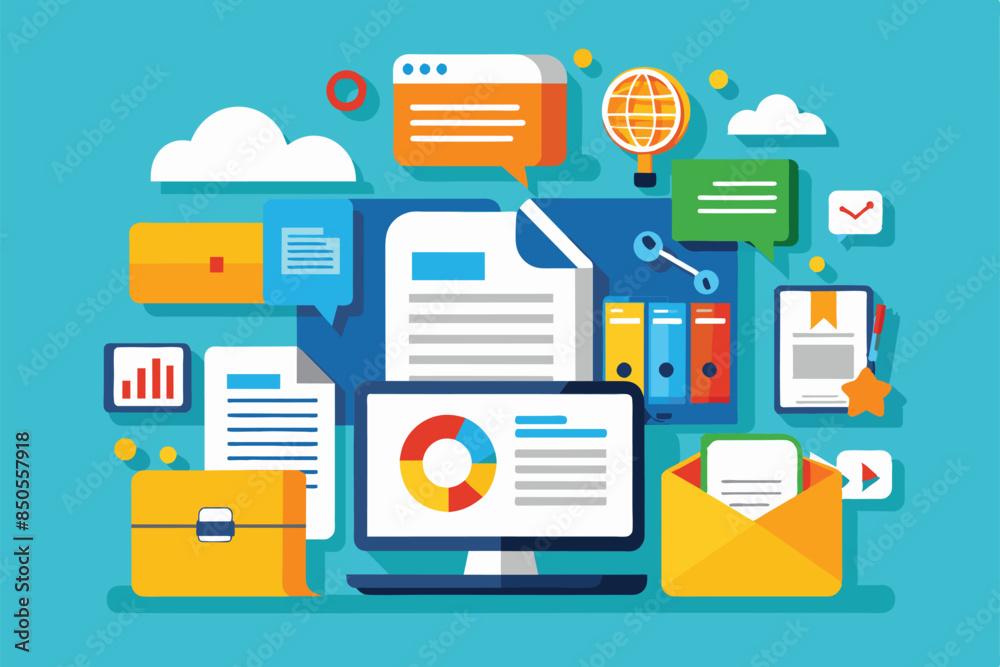 Flat illustration featuring a desktop computer displaying a chart, surrounded by various documents, folders, and an envelope, Digital personal files Customizable Flat Illustration Flat illustration featuring a desktop computer displaying a chart, surrounded by various documents, folders, and an envelope, Digital personal files Customizable Flat Illustration