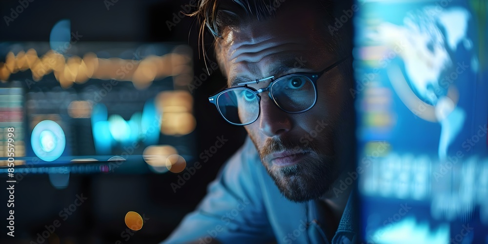 Man analyzing financial data on computer screen. Concept Financial Analysis, Data Interpretation, Market Trends, Business Strategy, Investment Decisions Man analyzing financial data on computer screen. Concept Financial Analysis, Data Interpretation, Market Trends, Business Strategy, Investment Decisions