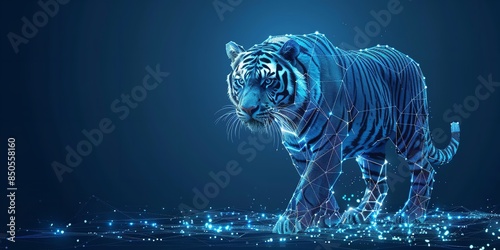 An illustrative tiger in a technological backdrop with low polygonal design against a dark backdrop and blue connection lines with space, Generative AI. photo