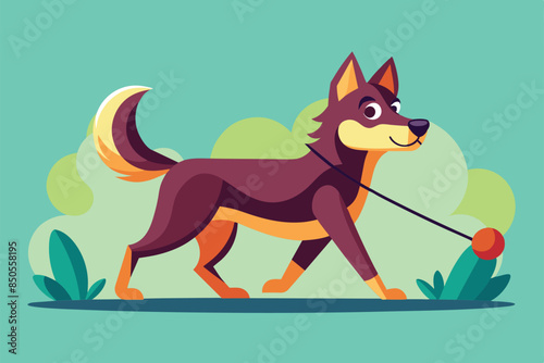 A cartoon dog with a brown and yellow coat walks on a leash in a park, Dog walking Customizable Flat Illustration