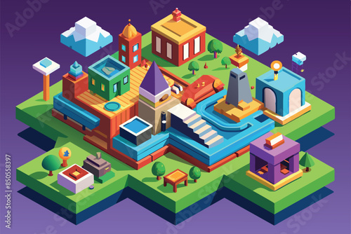 A vibrant, isometric illustration showcasing a modern cityscape with colorful buildings, parks, and clouds, Done Customizable Isometric Illustration