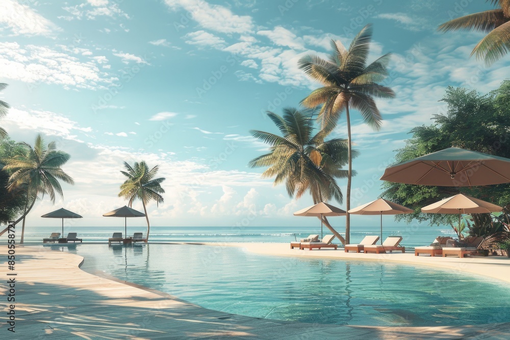 Lounge chairs and umbrellas by the ocean, perfect for relaxation or sunbathing Lounge chairs and umbrellas by the ocean, perfect for relaxation or sunbathing