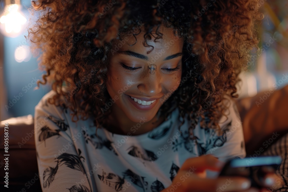 A happy young woman, sitting at home on the couch using her smartphone, smiling and looking at the screen while shopping online or working on social media apps. Social concepts, lifestyle A happy young woman, sitting at home on the couch using her smartphone, smiling and looking at the screen while shopping online or working on social media apps. Social concepts, lifestyle