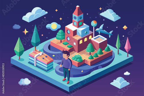 Isometric illustration of a dreamer standing in a custom-designed cityscape, featuring a building, trees, and clouds, Dreamer Customizable Isometric Illustration