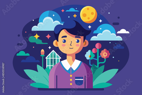 Illustration: Young man dreaming under night sky, with moon, stars, and clouds, Dreamer Customizable Semi Flat Illustration