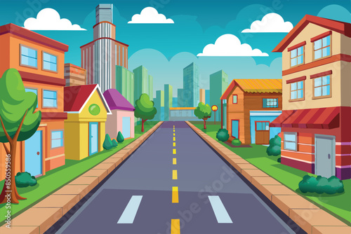 A cartoon illustration of an empty city street with colorful buildings, green trees, and a blue sky, Empty street Customizable Cartoon Illustration